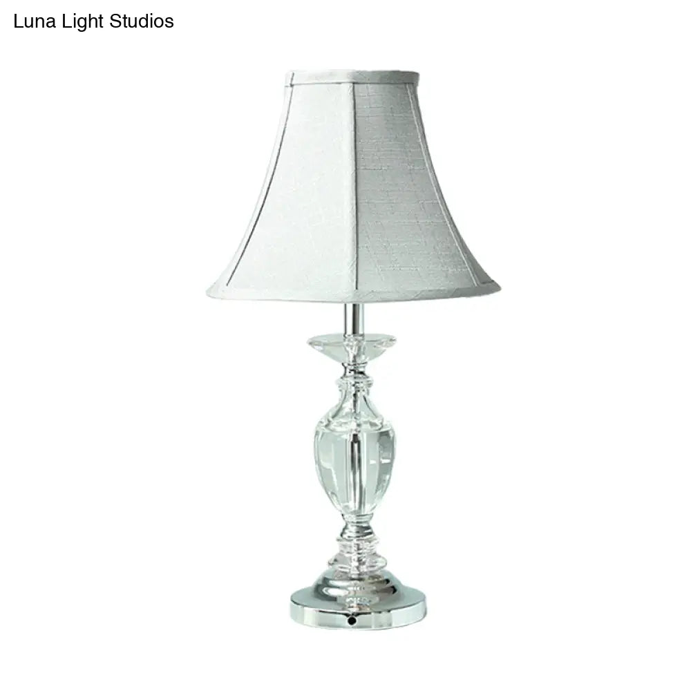 Blue Fabric Paneled Bell Table Lamp With Crystal Base - Single Bulb Nightstand Light