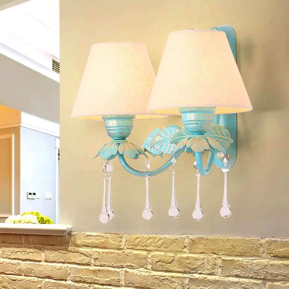 Blue Fabric Wall Sconce With Clear Glass Drop - Countryside Style 2 /
