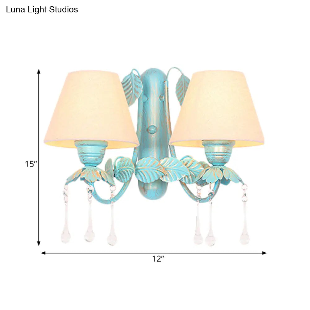 Blue Fabric Wall Sconce With Clear Glass Drop - Countryside Style
