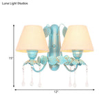 Blue Fabric Wall Sconce With Clear Glass Drop - Countryside Style