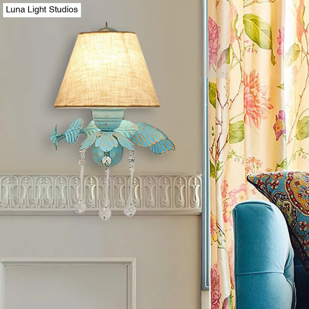Blue Fabric Wall Sconce With Clear Glass Drop - Countryside Style