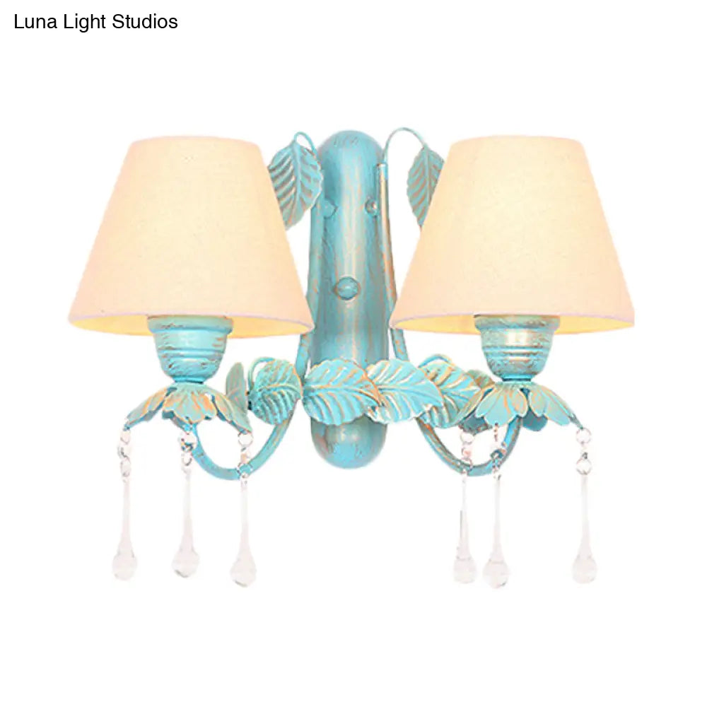 Blue Fabric Wall Sconce With Clear Glass Drop - Countryside Style