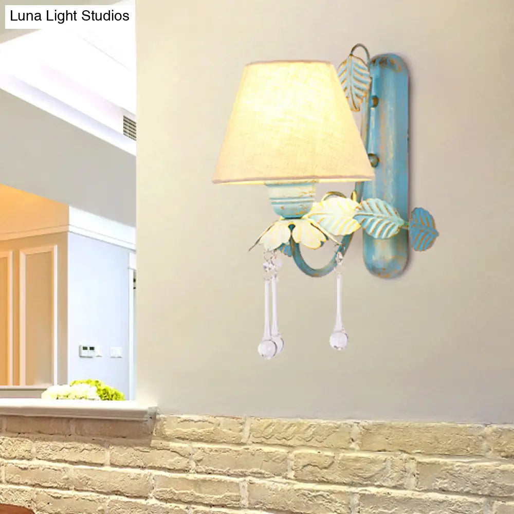 Blue Fabric Wall Sconce With Clear Glass Drop - Countryside Style