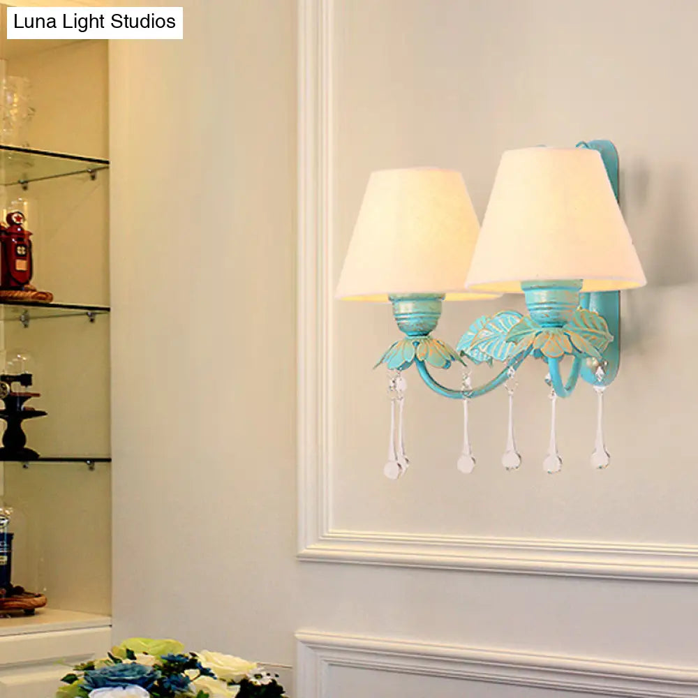 Blue Fabric Wall Sconce With Clear Glass Drop - Countryside Style