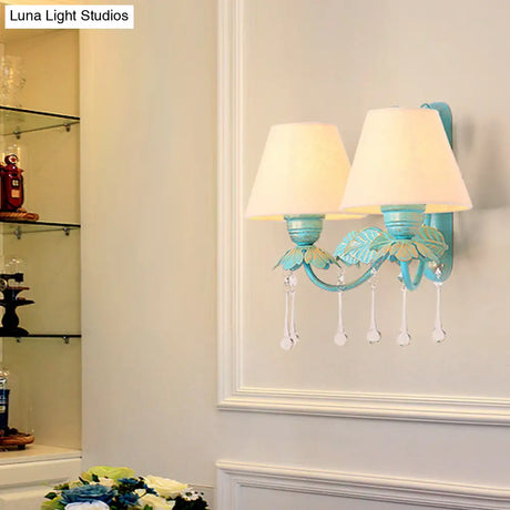 Blue Fabric Wall Sconce With Clear Glass Drop - Countryside Style