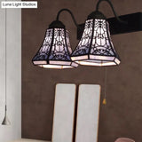 Blue Flared Tiffany Stained Glass Sconce Wall Light Fixture - 2 Heads Pull Chain Switch