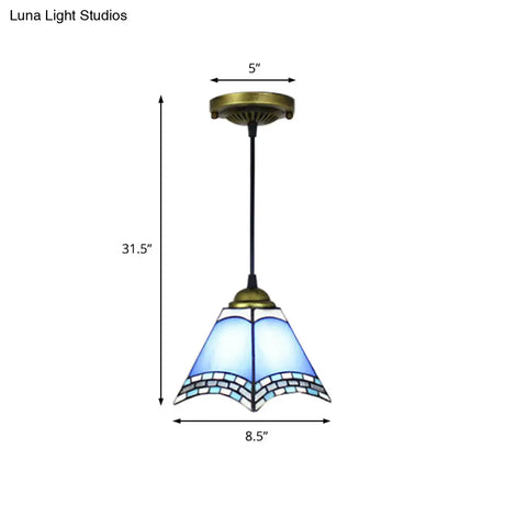 Blue Geometric Glass Ceiling Pendant Light - Mediterranean Style For Living Room