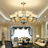 Blue Glass Chandelier Light Fixture With Crystal Accents For Traditional Flared Living Room Ceiling