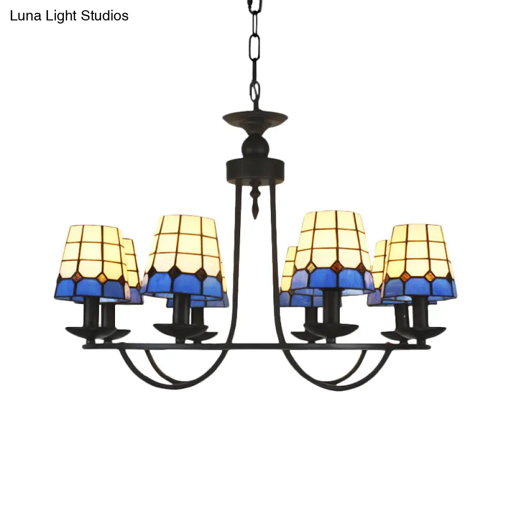 Blue Glass Lattice Chandelier With 4/6/8 Hanging Lights - Perfect For Villa Or Hotel