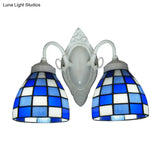 Blue Glass Mosaic Dome Wall Lighting - 2 Lights Bathroom Mounted Lamp In White Finish