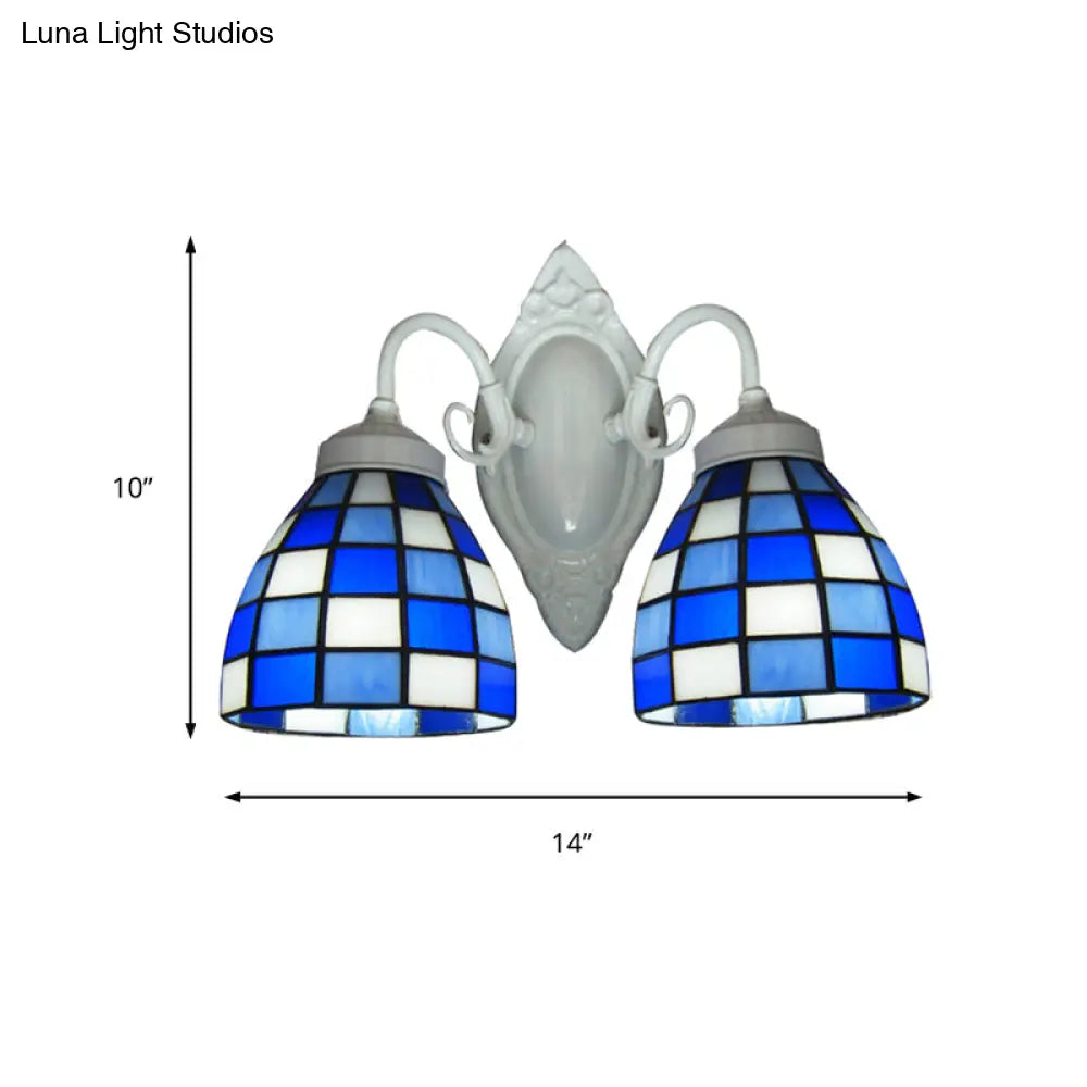 Blue Glass Mosaic Dome Wall Lighting - 2 Lights Bathroom Mounted Lamp In White Finish