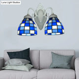 Blue Glass Mosaic Dome Wall Lighting - 2 Lights Bathroom Mounted Lamp In White Finish