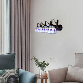 Blue Glass Wall Sconce Light With Mediterranean Grid Pattern - 4 Heads Mounted Fixture