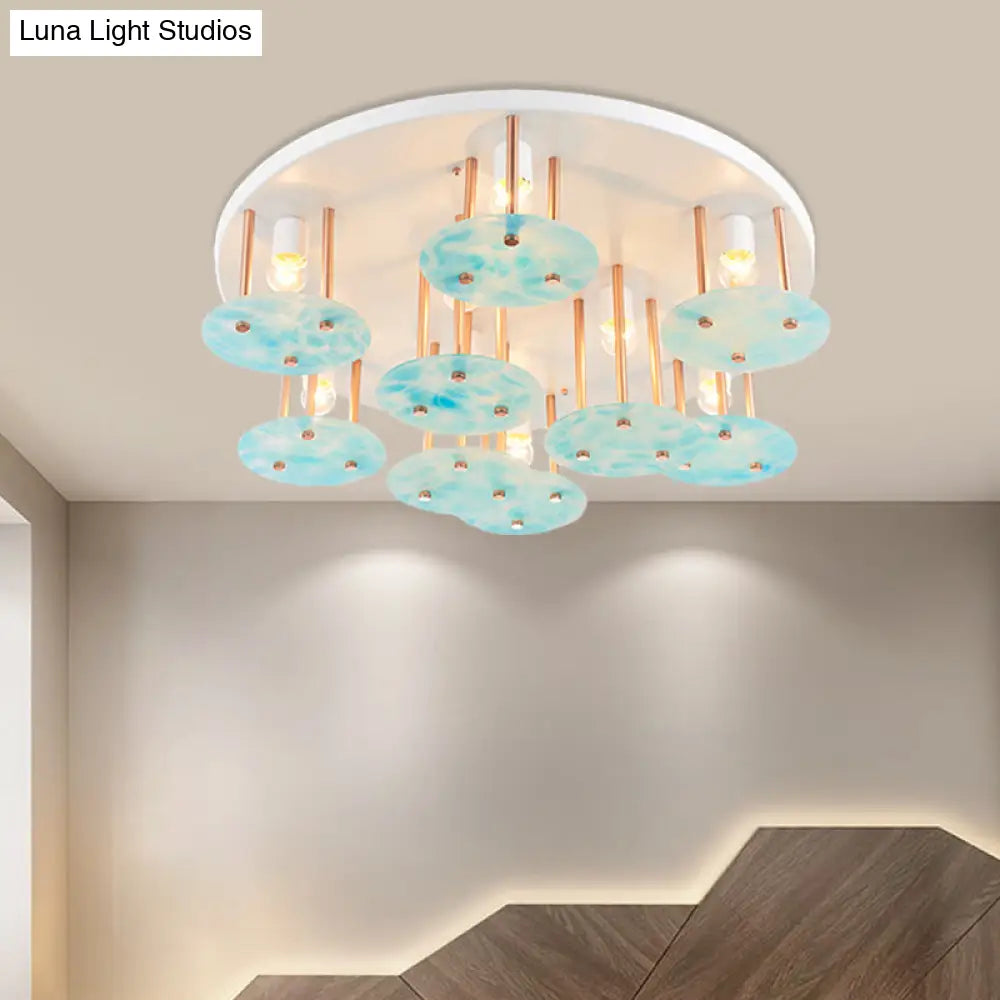 Blue Gradient Glass 9 - Head Semi Flush Kids Ceiling Mount Light With White And Gold Finish