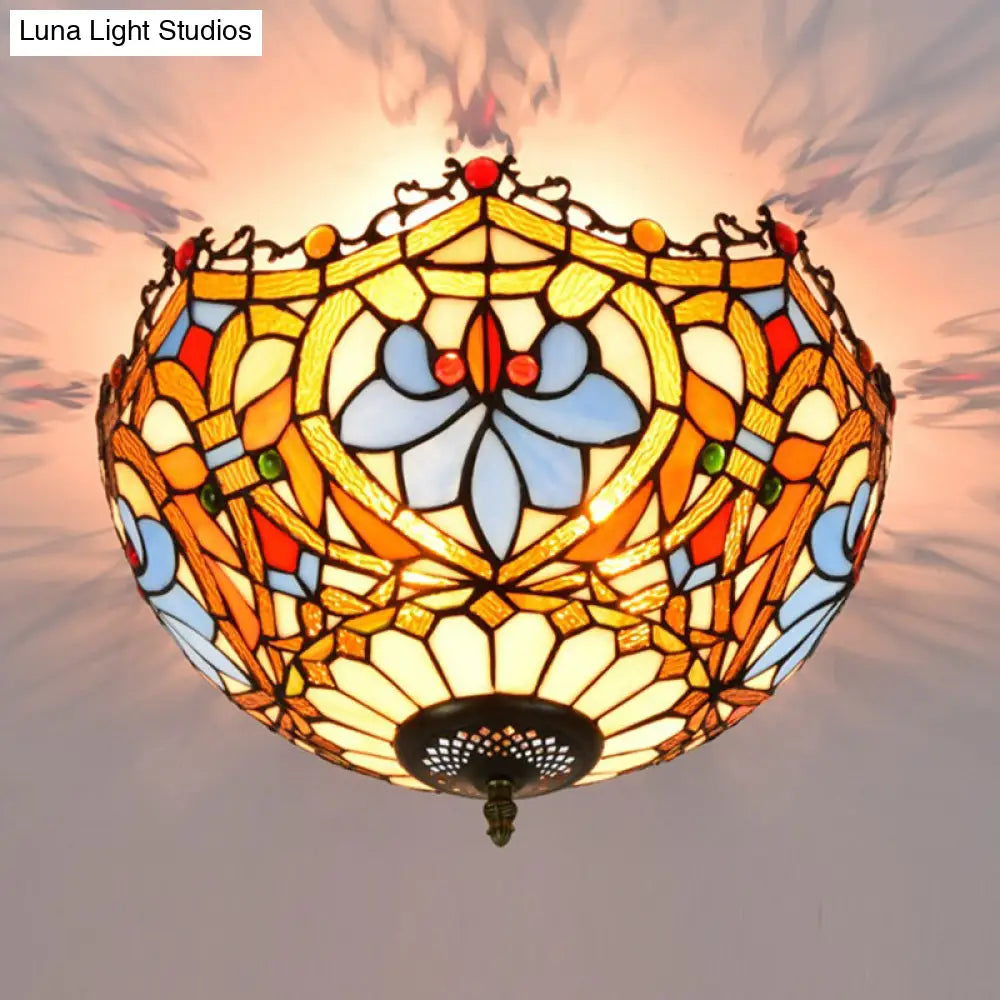 Blue Hand Cut Glass Ceiling Mount Light Scalloped Baroque Design 12’/16’ Width 2/3 Lights