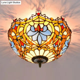 Blue Hand Cut Glass Ceiling Mount Light Scalloped Baroque Design 12’/16’ Width 2/3 Lights