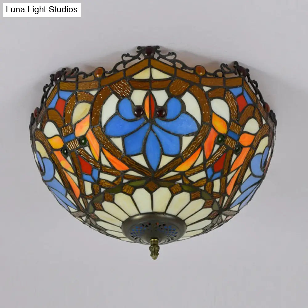 Blue Hand Cut Glass Ceiling Mount Light Scalloped Baroque Design 12’/16’ Width 2/3 Lights