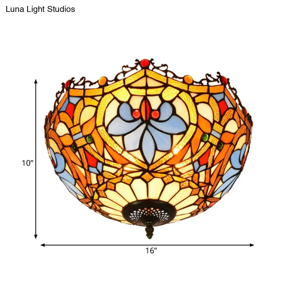 Blue Hand Cut Glass Ceiling Mount Light Scalloped Baroque Design 12’/16’ Width 2/3 Lights