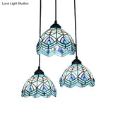 Blue Hand-Cut Glass Pendant Light With Mediterranean Charm - 3 Head Hemisphere Cluster Round/Linear