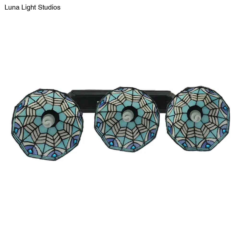Blue Hand-Cut Glass Pendant Light With Mediterranean Charm - 3 Head Hemisphere Cluster Round/Linear