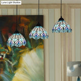 Blue Hand-Cut Glass Pendant Light With Mediterranean Charm - 3 Head Hemisphere Cluster Round/Linear