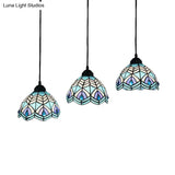 Blue Hand-Cut Glass Pendant Light With Mediterranean Charm - 3 Head Hemisphere Cluster Round/Linear