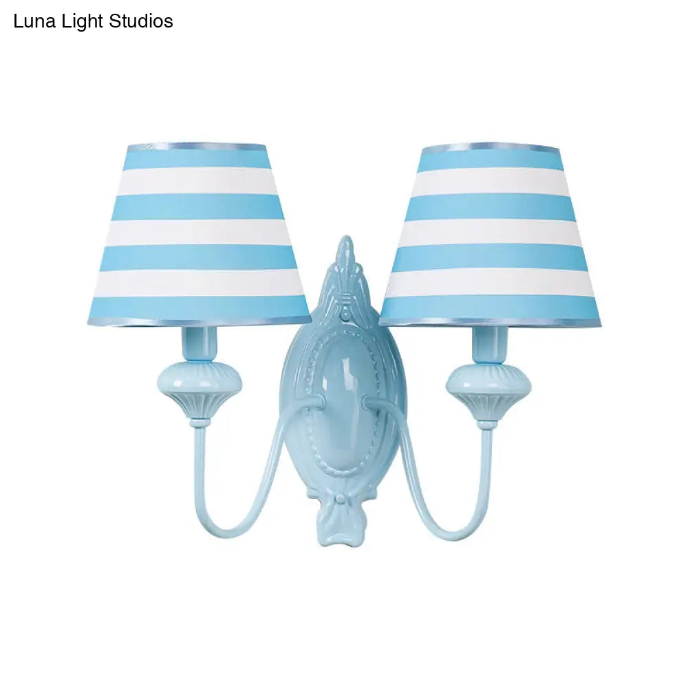 Blue Kids Wall Lamp With Tapered Shade For Study Room - 2 Heads Fabric & Metal Design