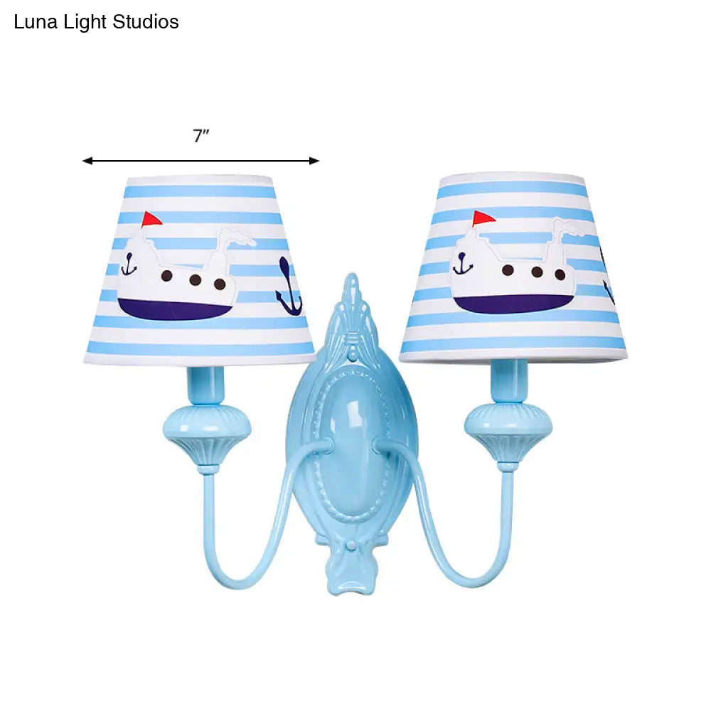 Blue Kids Wall Lamp With Tapered Shade For Study Room - 2 Heads Fabric & Metal Design