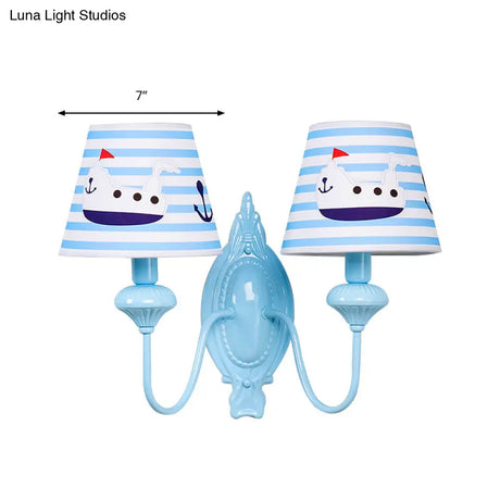 Blue Kids Wall Lamp With Tapered Shade For Study Room - 2 Heads Fabric & Metal Design