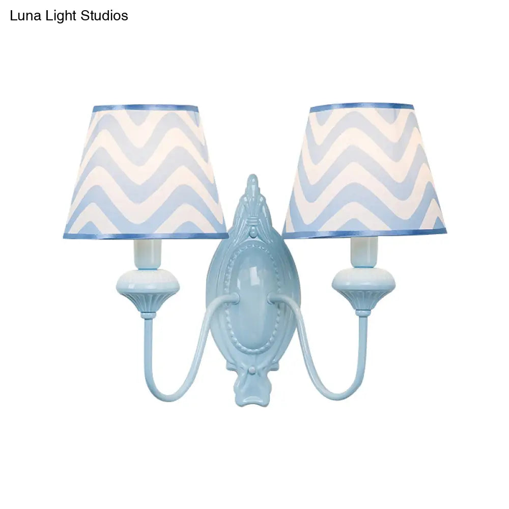 Blue Kids Wall Lamp With Tapered Shade For Study Room - 2 Heads Fabric & Metal Design