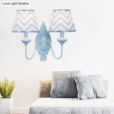 Blue Kids Wall Lamp With Tapered Shade For Study Room - 2 Heads Fabric & Metal Design