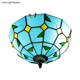 Blue Leaf Flush Ceiling Light Tiffany Stained Glass Lamp - 12’/16’ Wide 2/3 Lights