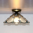 Blue Leaf Lodge Style Indoor Flush Mount Ceiling Light - Stained Glass White/Clear For Bedroom Clear