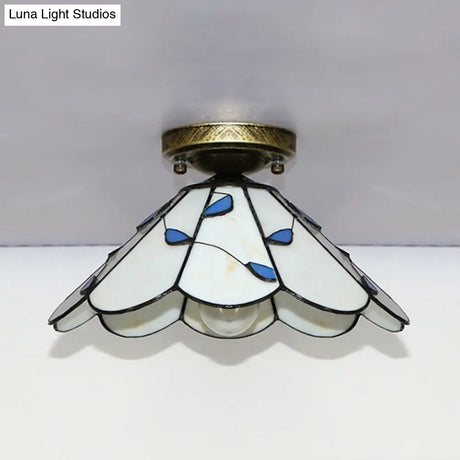 Blue Leaf Lodge Style Indoor Flush Mount Ceiling Light - Stained Glass White/Clear For Bedroom