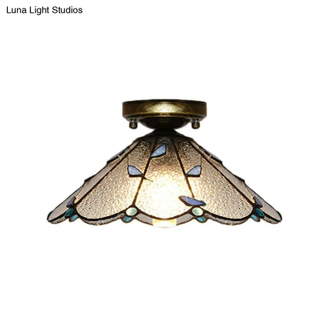 Blue Leaf Lodge Style Indoor Flush Mount Ceiling Light - Stained Glass White/Clear For Bedroom