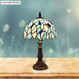 Blue Leaf Tiffany Stained Glass Table Light For Bedroom With Dome Shade - Standing Lamp 1 Bulb