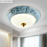 Blue Led Flushmount Ceramic Flower Ceiling Light With Lampshade - 12’/14’/18’ W