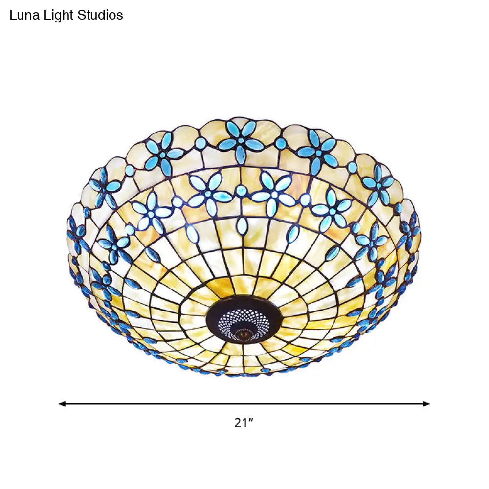 Blue Mediterranean Flush Light With 3/4 Shell Heads - 16’/21’ Width