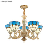 Blue Mediterranean Glass Pendant Chandelier With 5 Lights For Hallway