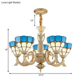 Blue Mediterranean Glass Pendant Chandelier With 5 Lights For Hallway