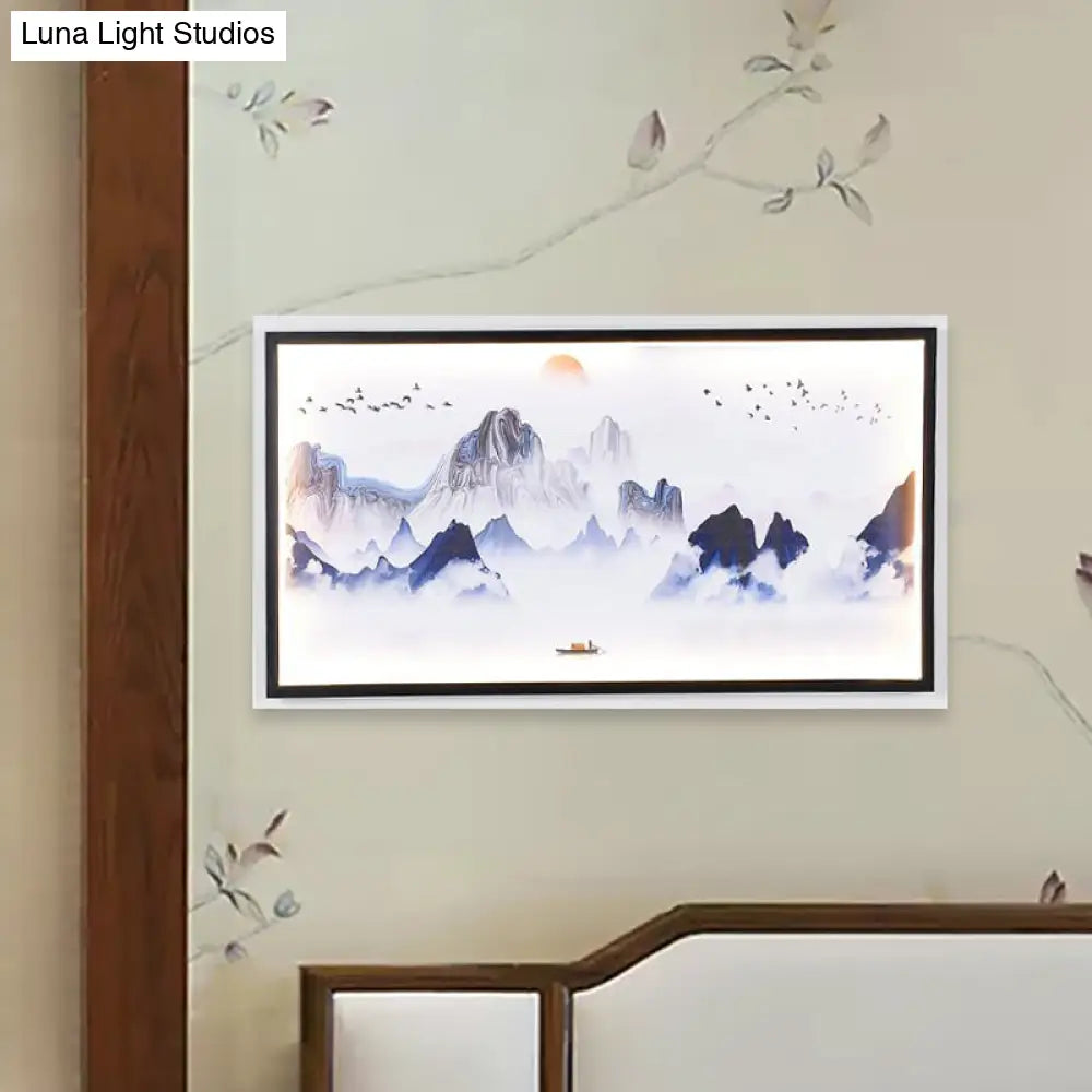 Blue Mountains Asian Led Fabric Wall Mount Light Fixture For Living Room - Patterned Mural