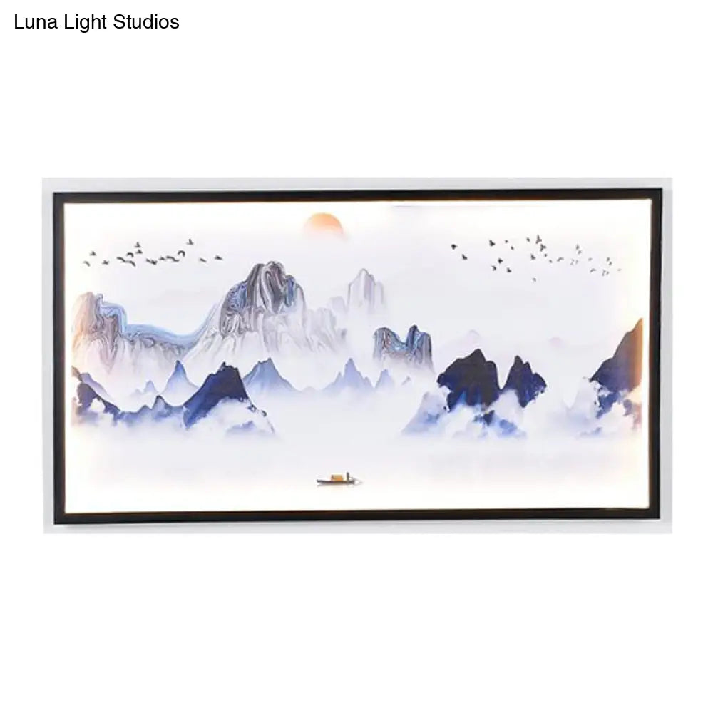 Blue Mountains Asian Led Fabric Wall Mount Light Fixture For Living Room - Patterned Mural