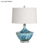 Blue Nordic Drum Fabric Night Lamp With Ceramic Base - 1 Light Table Lighting