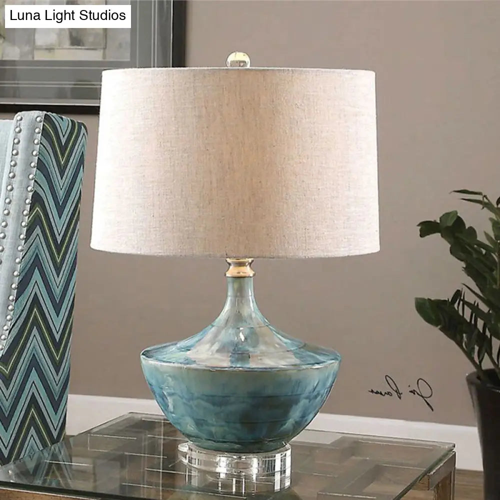 Blue Nordic Drum Fabric Night Lamp With Ceramic Base - 1 Light Table Lighting