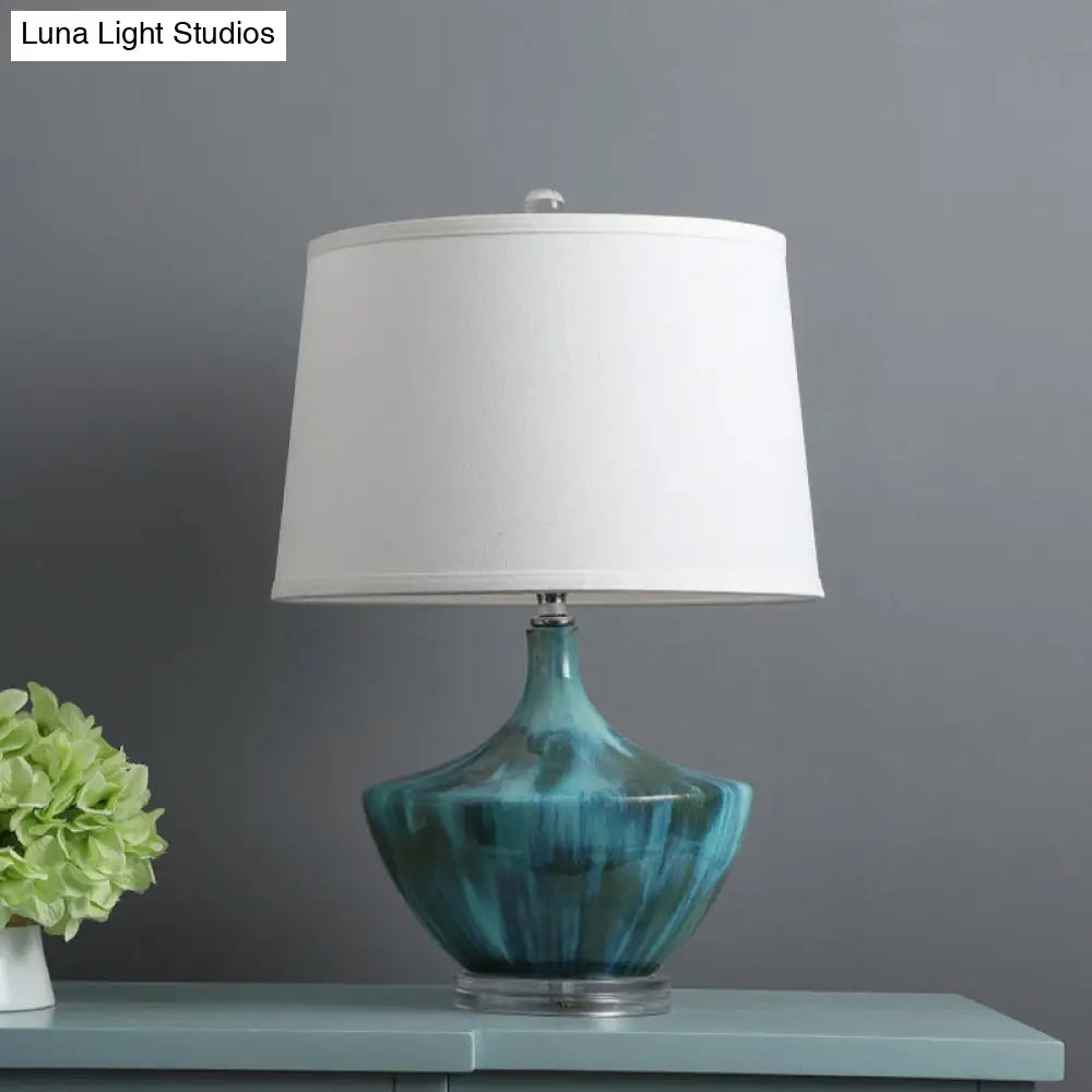 Blue Nordic Drum Fabric Night Lamp With Ceramic Base - 1 Light Table Lighting