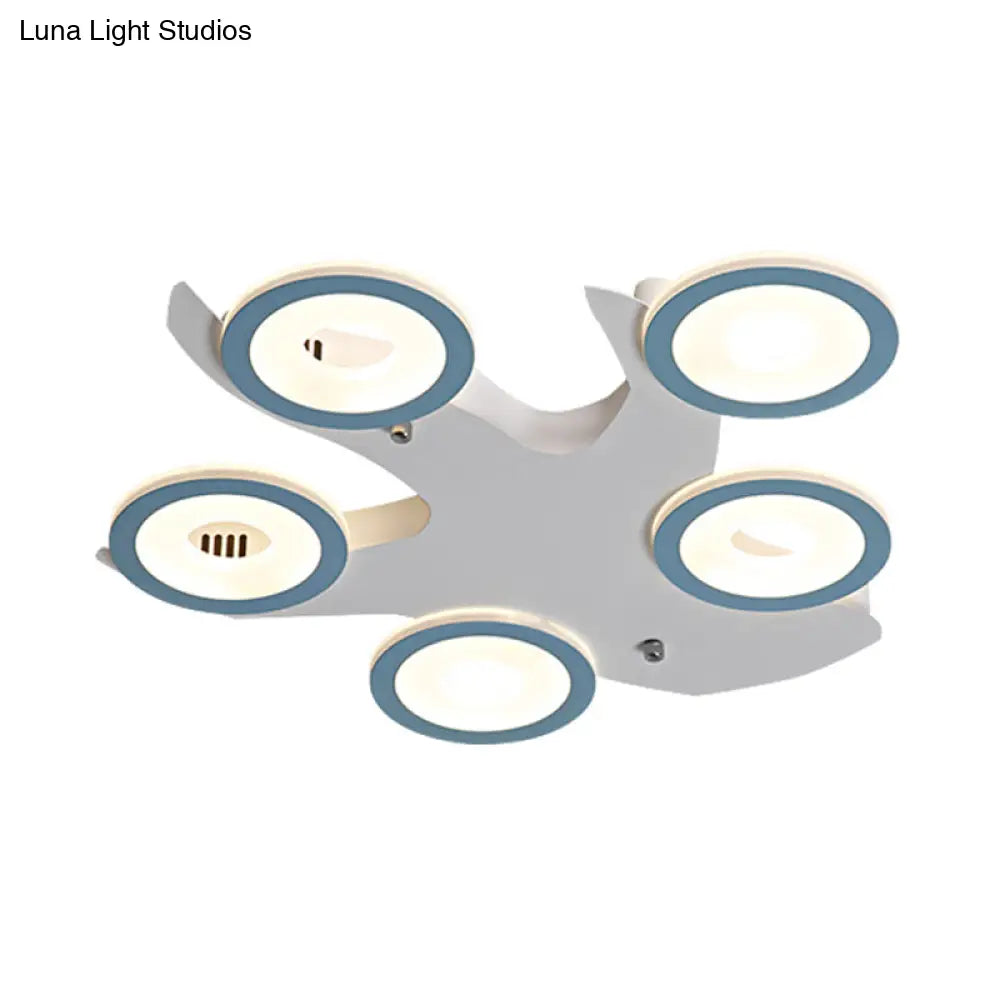 Blue Nordic Led Ceiling Light With 5 Acrylic Rings And Iron Canopy For Bedroom Flush Mount