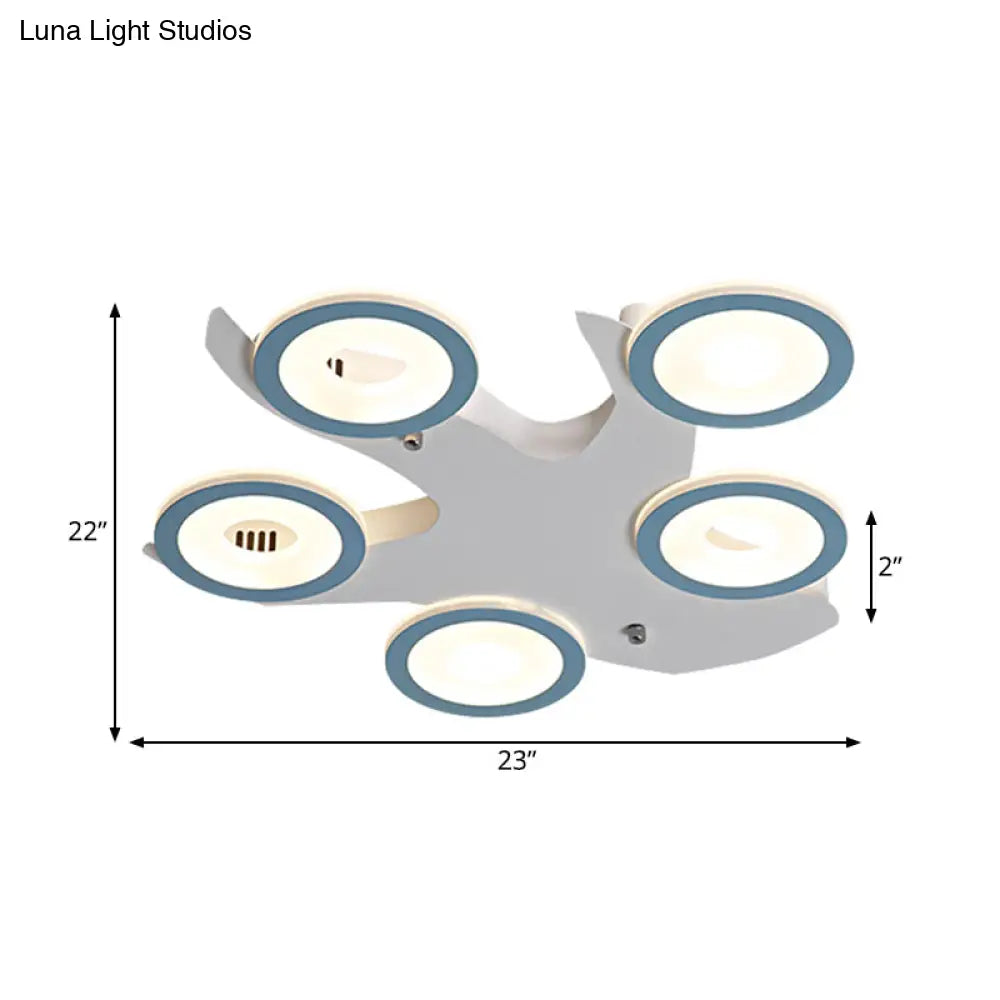 Blue Nordic Led Ceiling Light With 5 Acrylic Rings And Iron Canopy For Bedroom Flush Mount