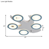 Blue Nordic Led Ceiling Light With 5 Acrylic Rings And Iron Canopy For Bedroom Flush Mount