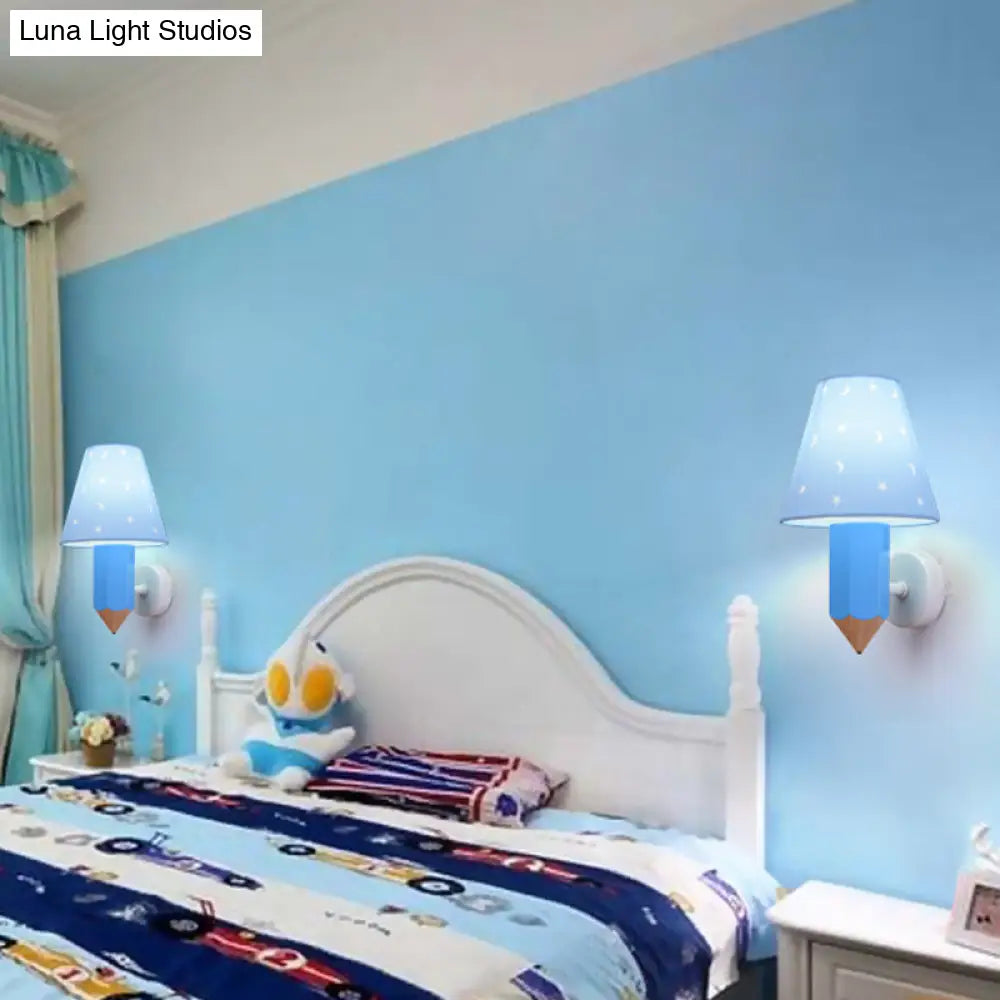 Blue Pencil Wall Light For Childs Bedroom - Modern Sconce With Tapered Shade