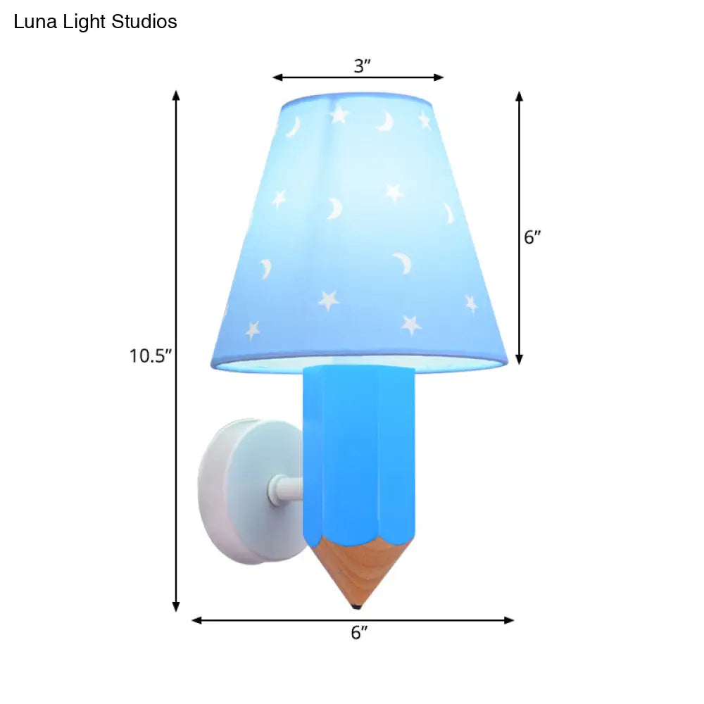 Blue Pencil Wall Light For Childs Bedroom - Modern Sconce With Tapered Shade